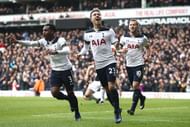 LONDON, ENGLAND - JANUARY 14:  Christian Eriksen of Tottenham Hotspur (C) celebrates his sides second goal after his shot was defelcted in by Gareth McAuley of West Bromwich Albion (not seen) during the Premier League match between Tottenham Hotspur and West Bromwich Albion at White Hart Lane on January 14, 2017 in London, England.  (Photo by Julian Finney/Getty Images)